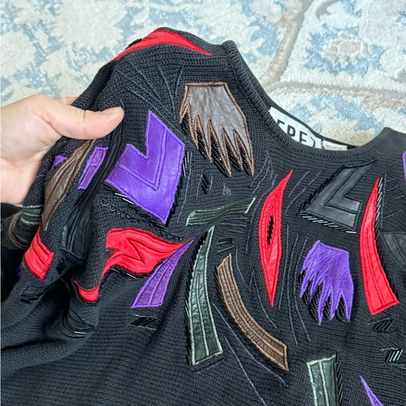 Erez Vintage Sweater with Leather Patches and Beading Size Small - Picture 5 of 9